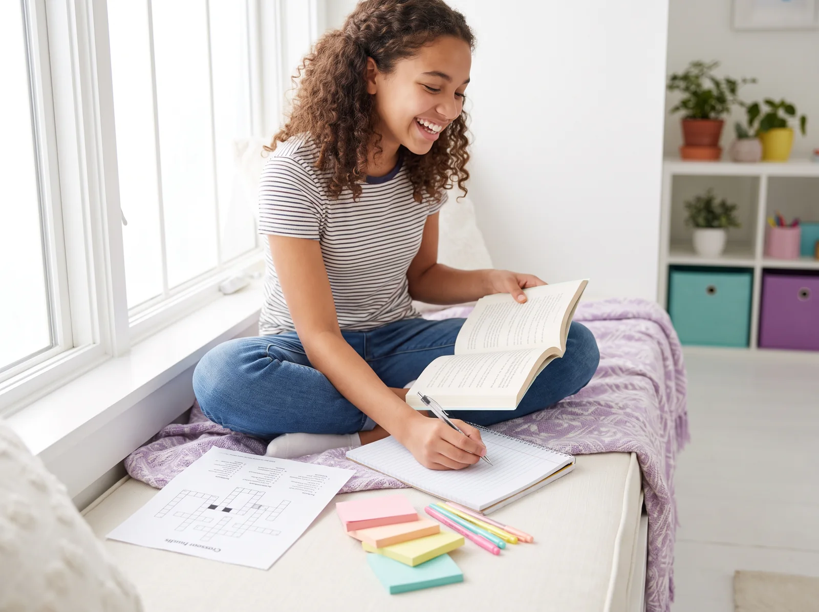 A teenager reading a chapter book beside a winter crossword worksheet.
