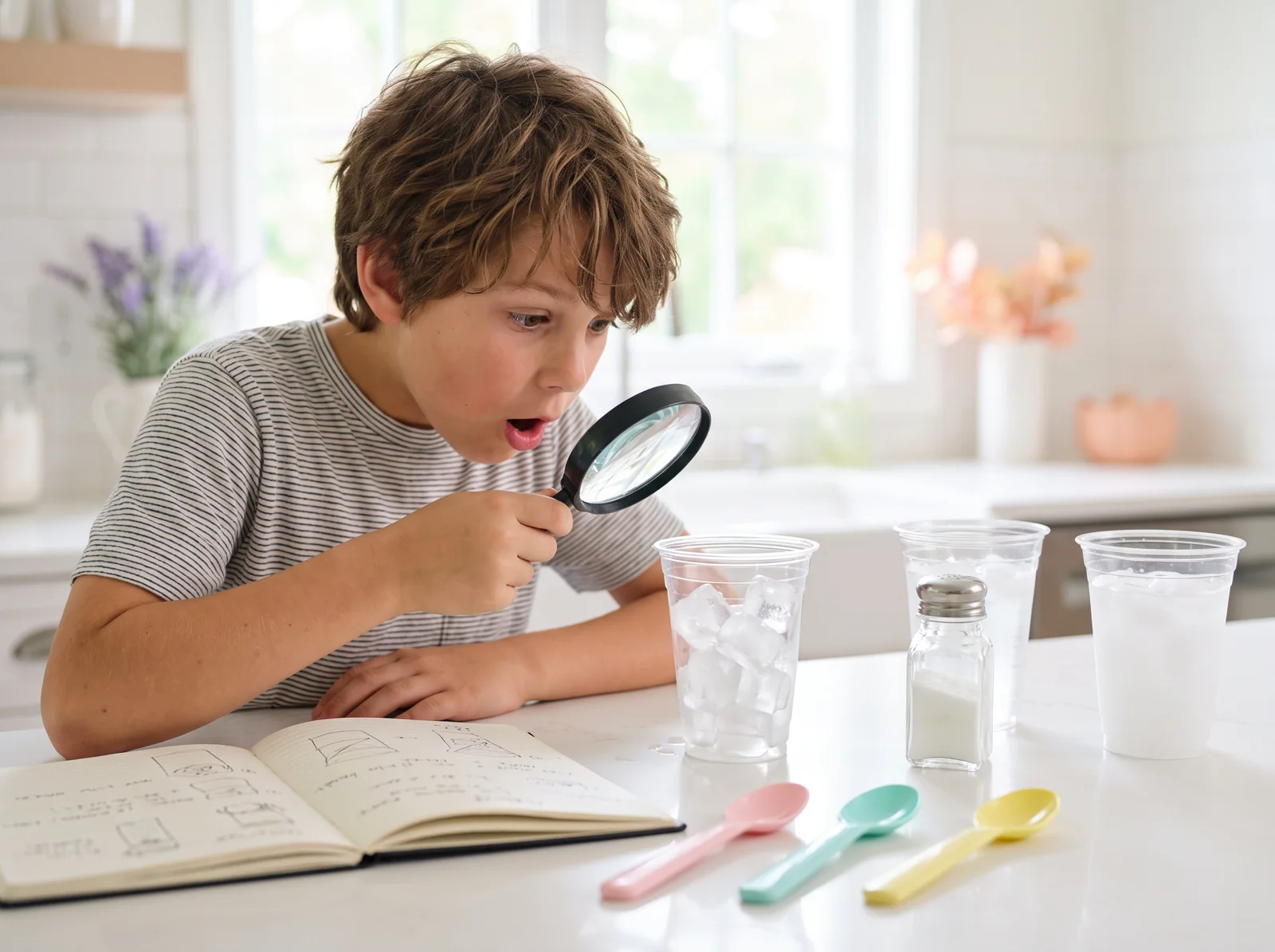 A child investigating how ice melts with a hands-on tabletop science experiment.
