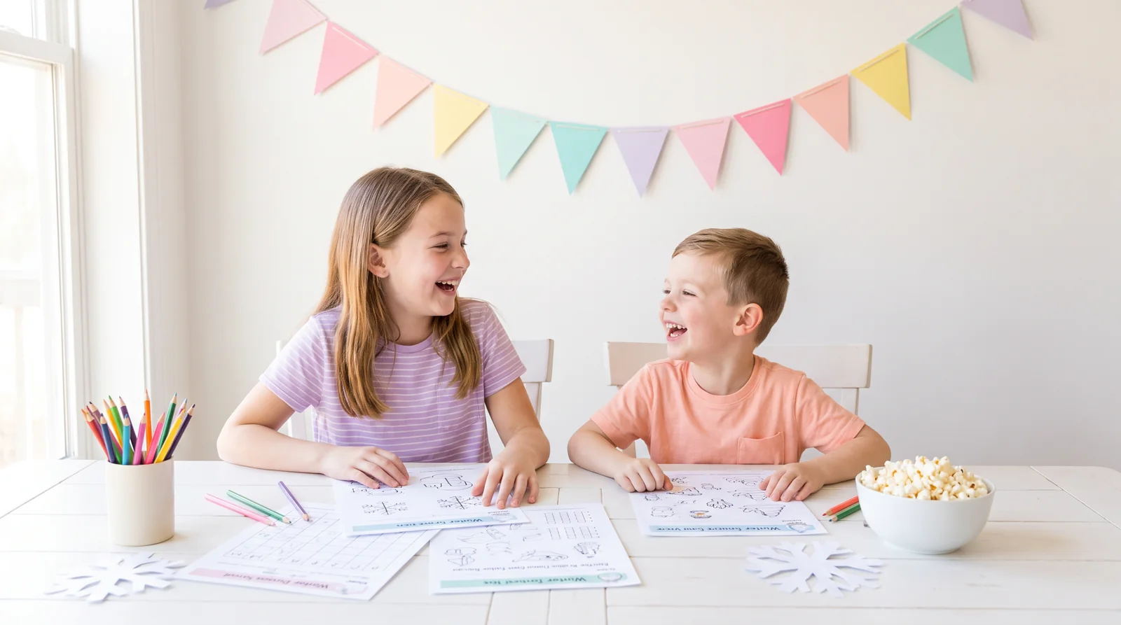 Two siblings exploring winter worksheets at a bright kitchen table with popcorn and pastel bunting.