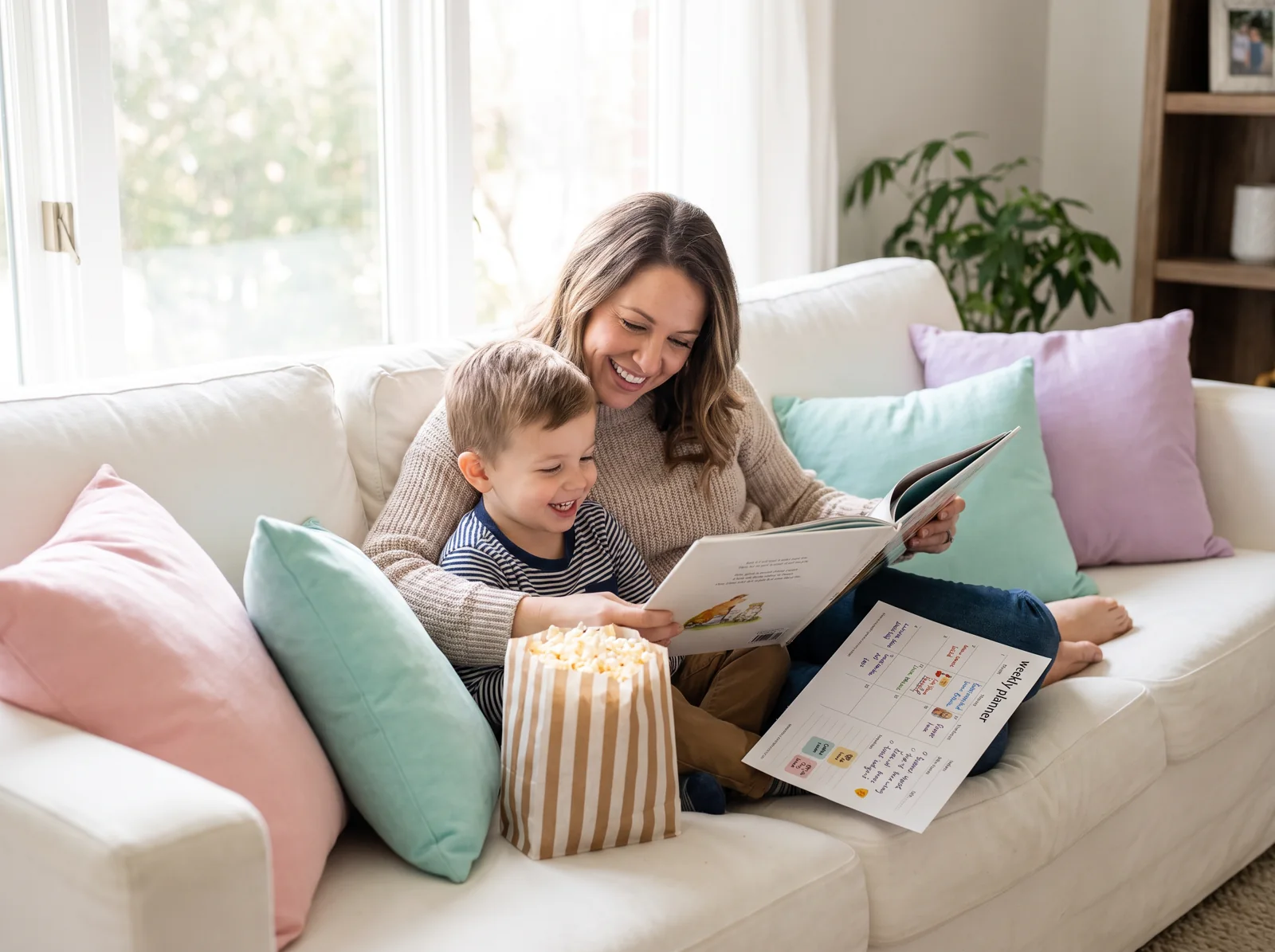 A mother and young child sharing a picture book with popcorn and a planner page nearby.
